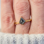 kite shape dark salt and pepper diamond solitaire engagement ring in yellow gold
