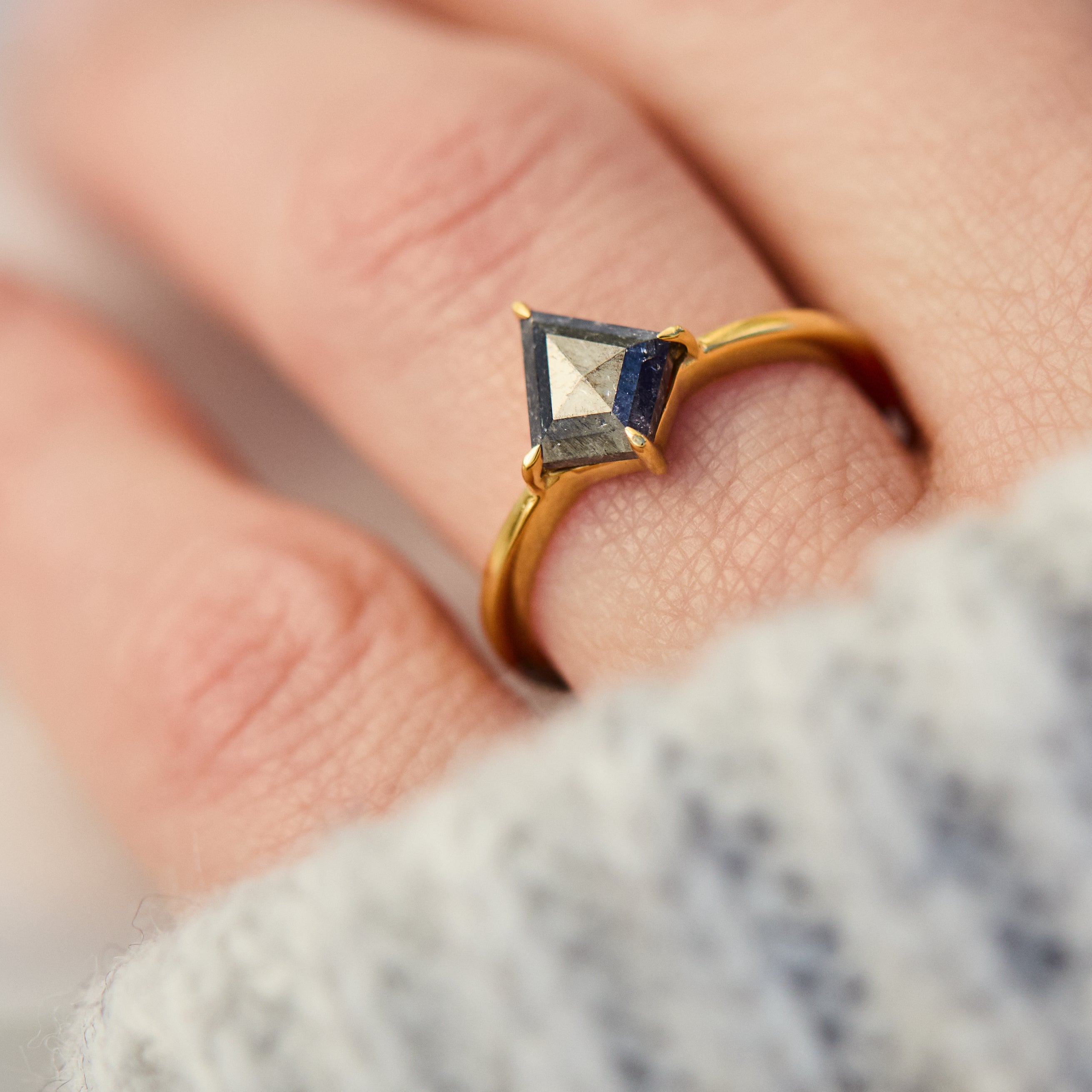 kite shape dark salt and pepper diamond solitaire engagement ring in yellow gold