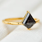 kite shape dark salt and pepper diamond solitaire engagement ring in yellow gold