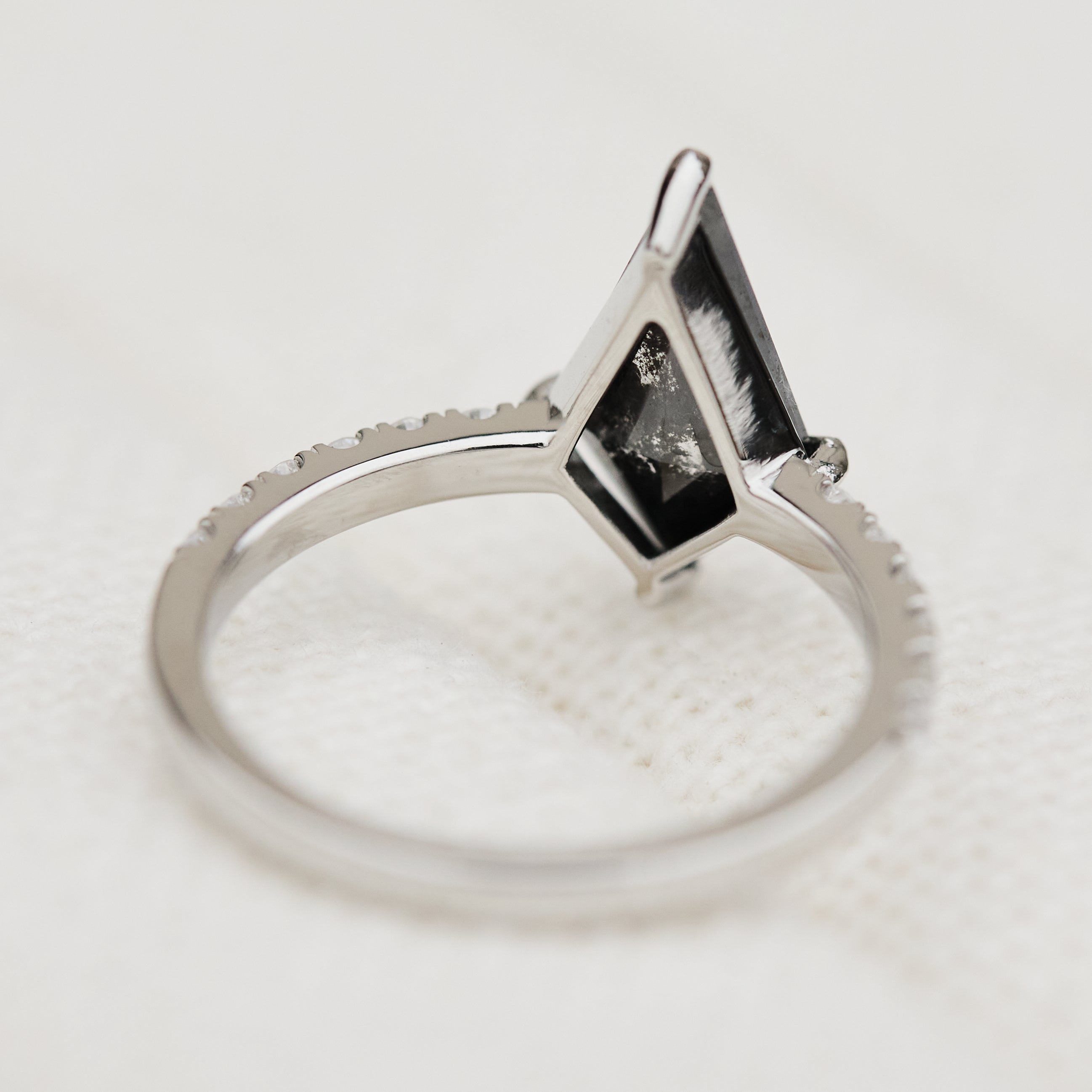 kite shape salt and pepper diamond pave band engagement ring in platinum