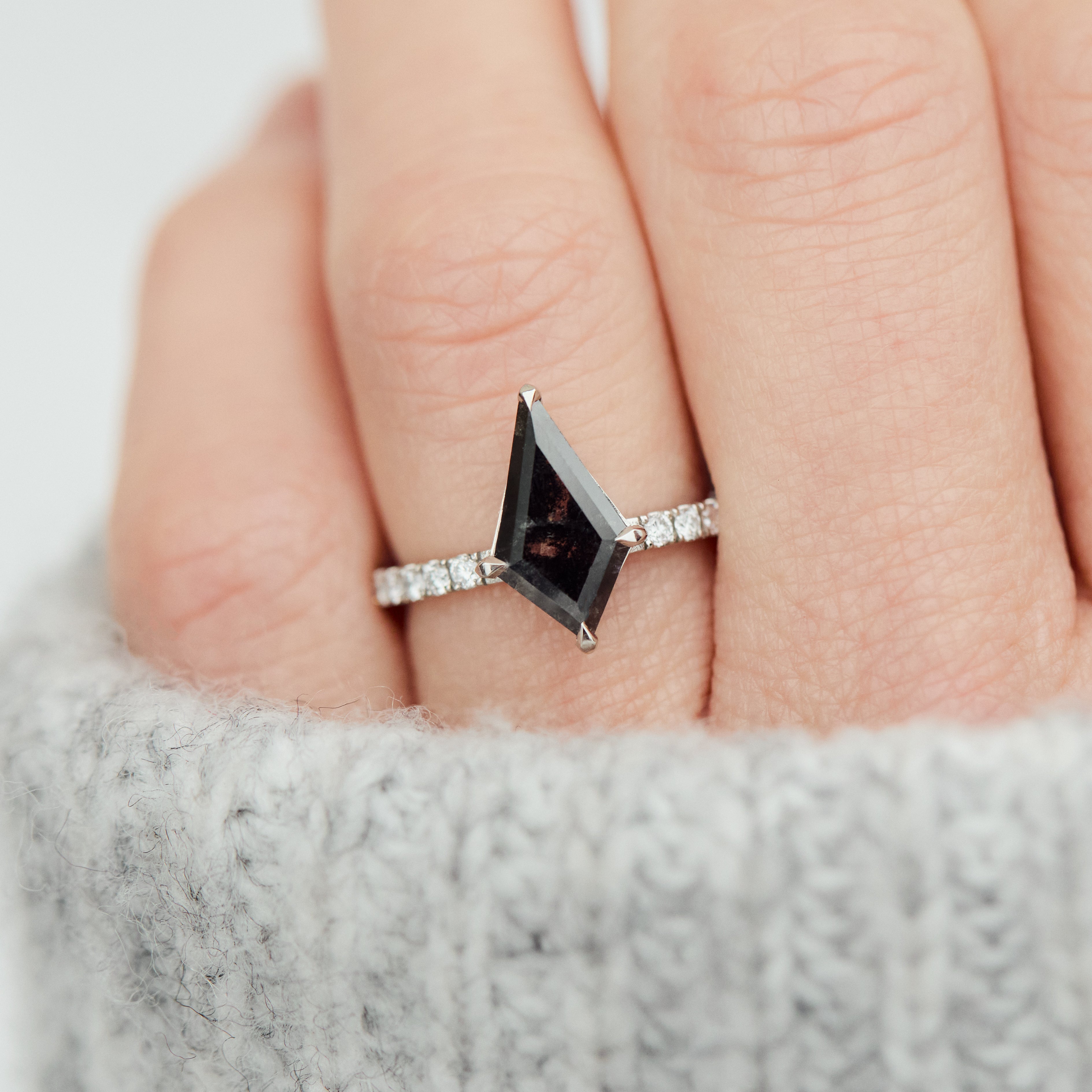 kite shape salt and pepper diamond pave band engagement ring in platinum