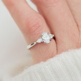 oval lab grown diamond trilogy engagement ring in platinum
