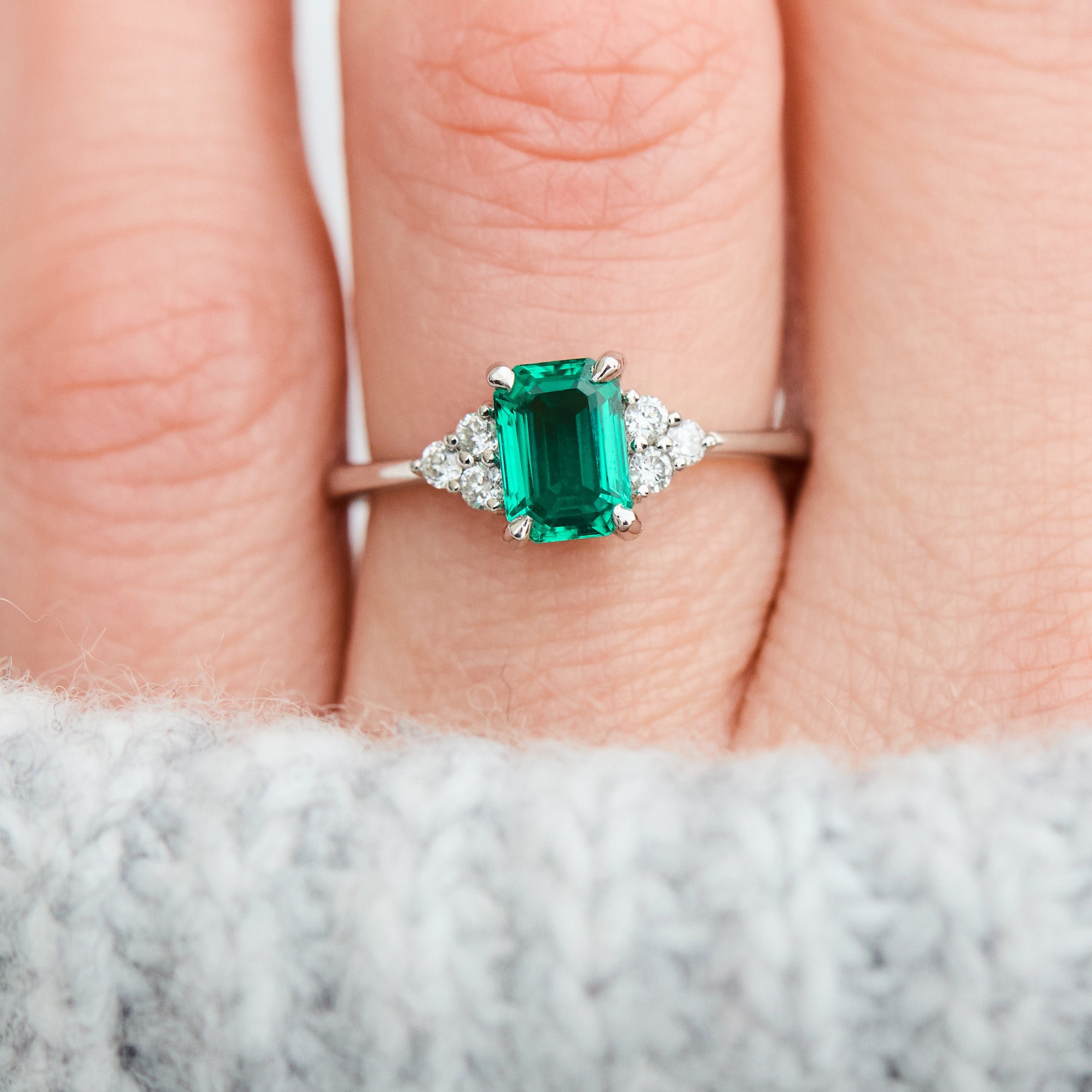 lab grown emerald platinum engagement ring