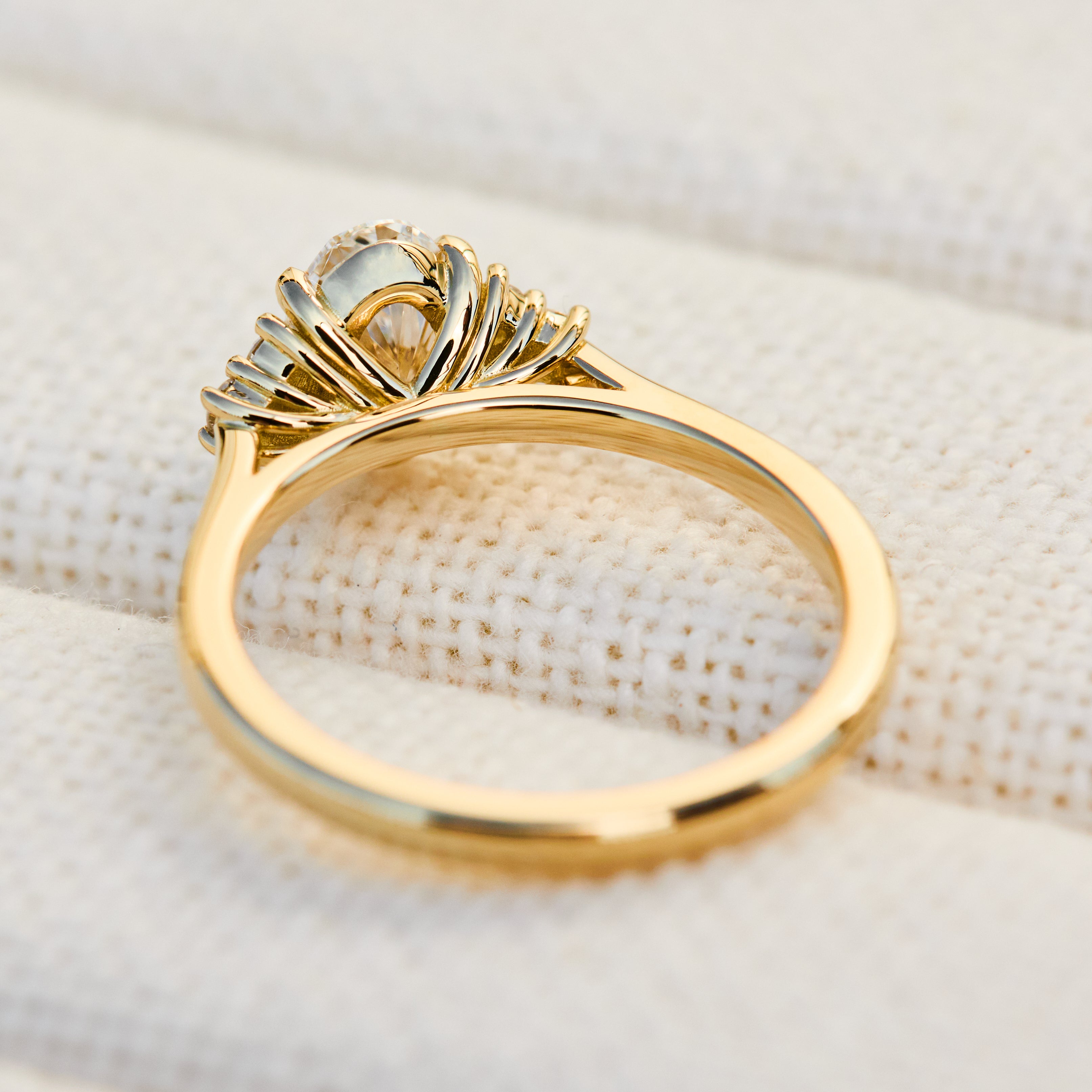 oval lab grown trefoil diamond yellow gold engagement ring