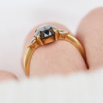 18ct yellow gold salt and pepper oval diamond engagement trilogy ring