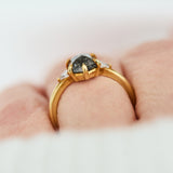 18ct yellow gold salt and pepper hexagon diamond engagement trilogy ring