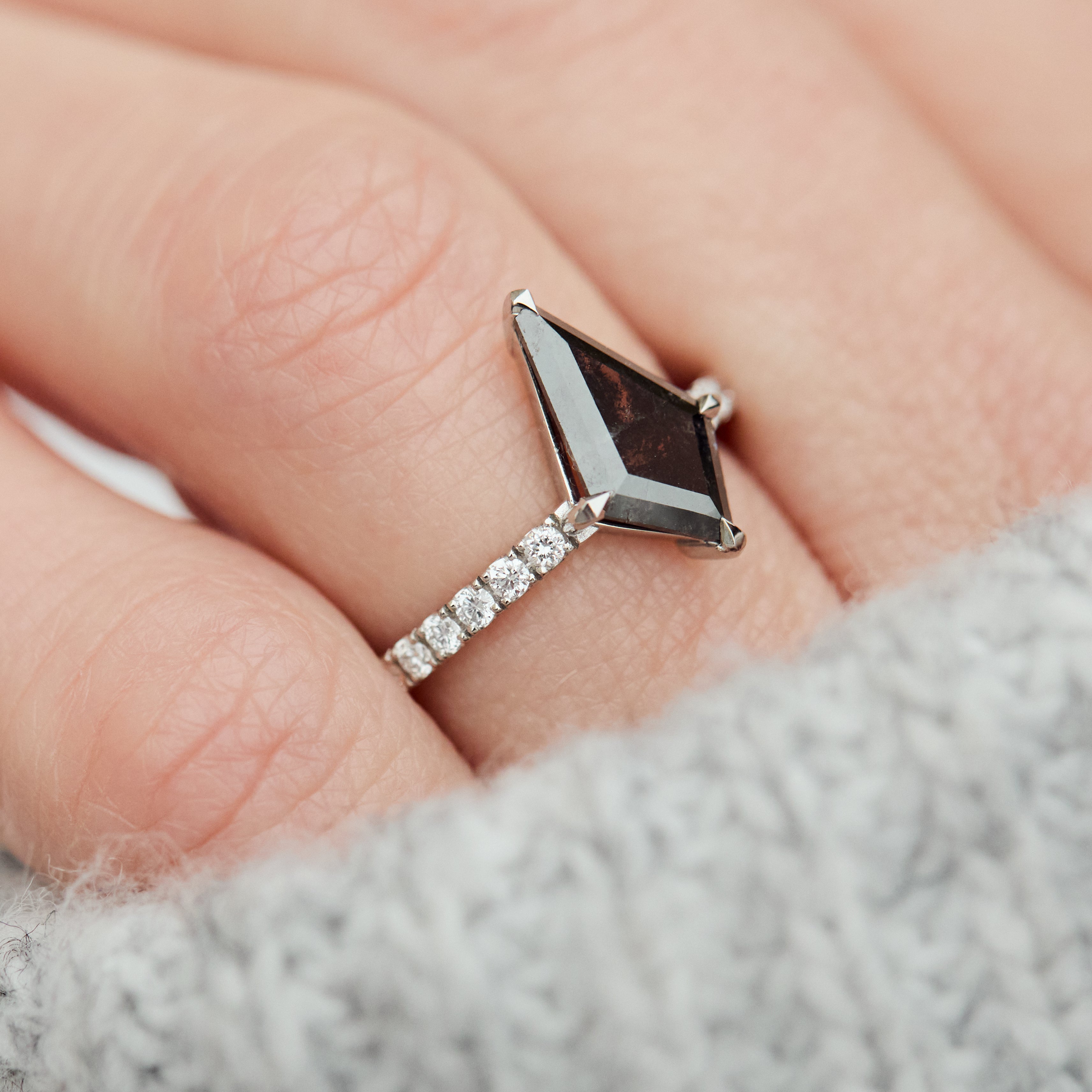 kite shape salt and pepper diamond pave band engagement ring in platinum