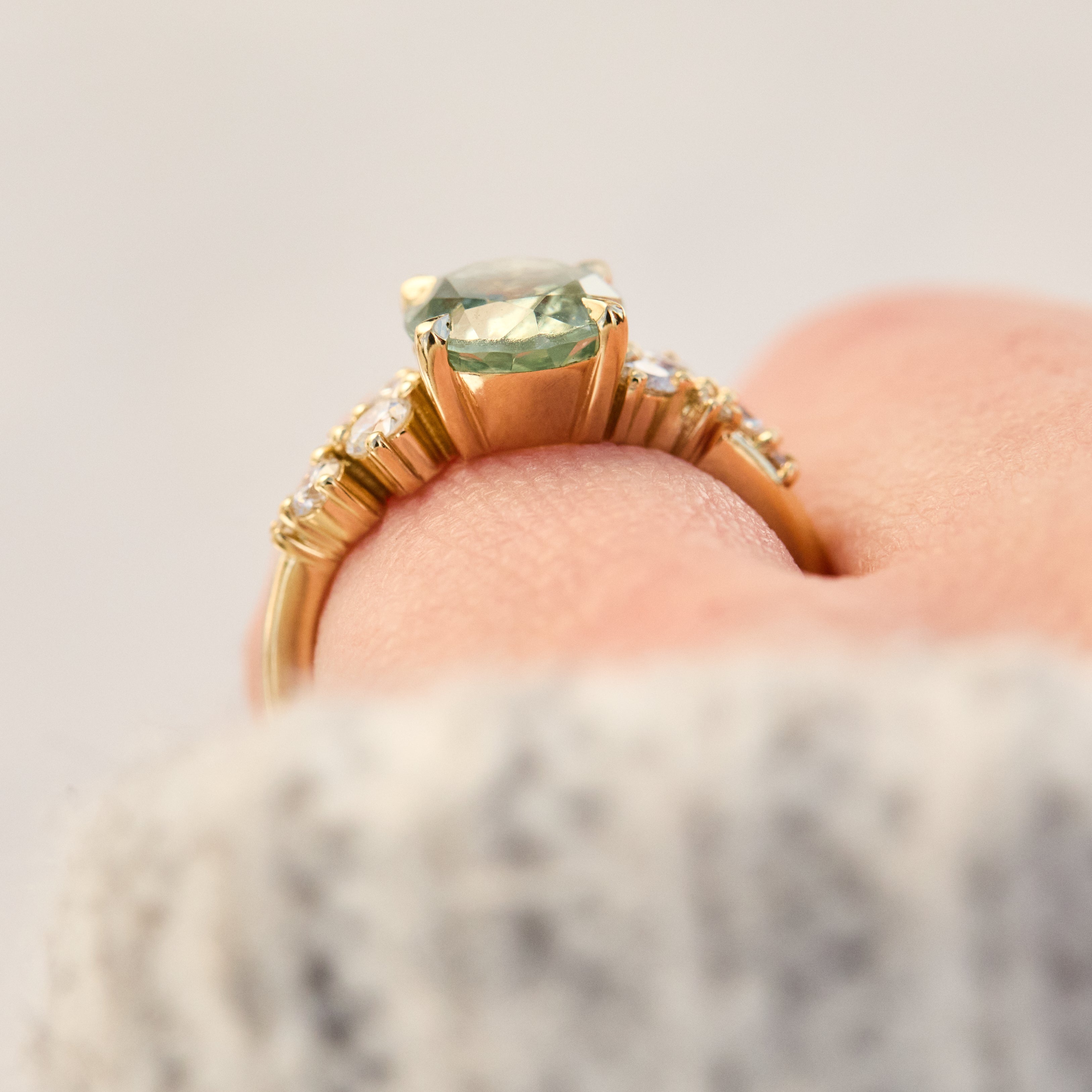 oval mint green sapphire yellow gold engagement ring