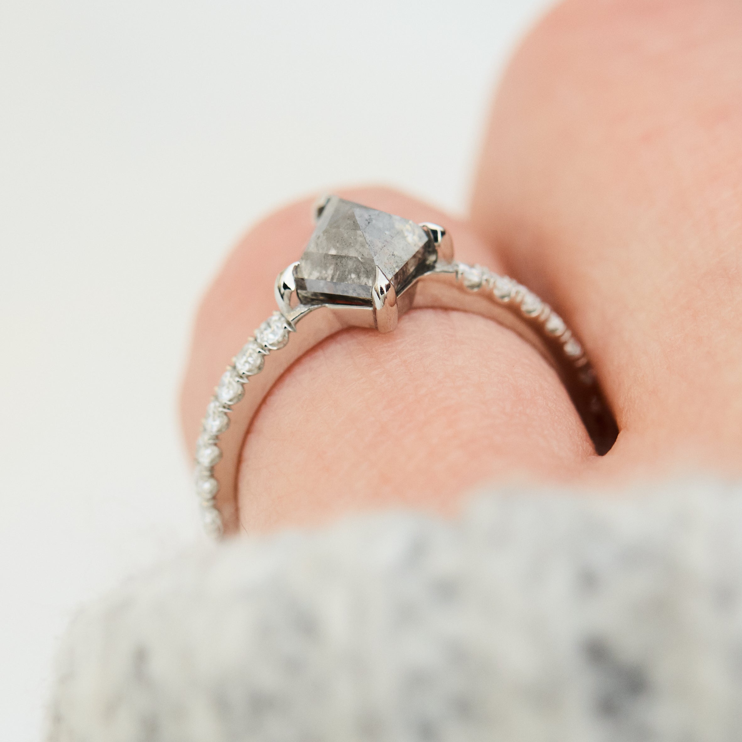 stormy grey kite shape salt and pepper diamond pave engagement ring