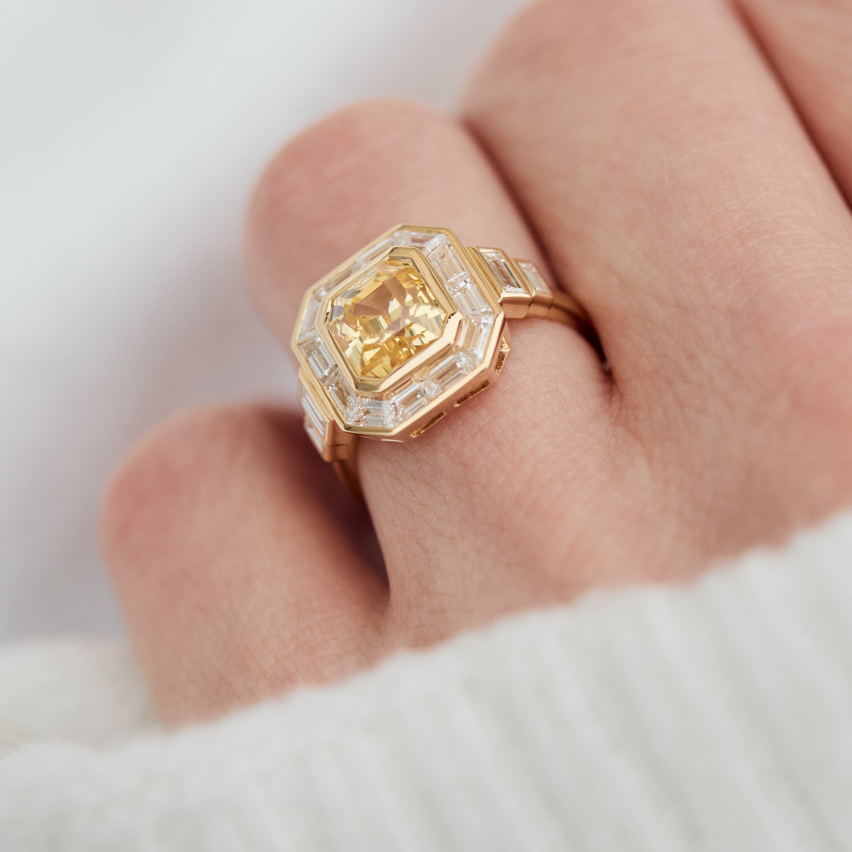 yellow octagonal sapphire custom cut baguette and trapezoid halo lab grown diamond ring