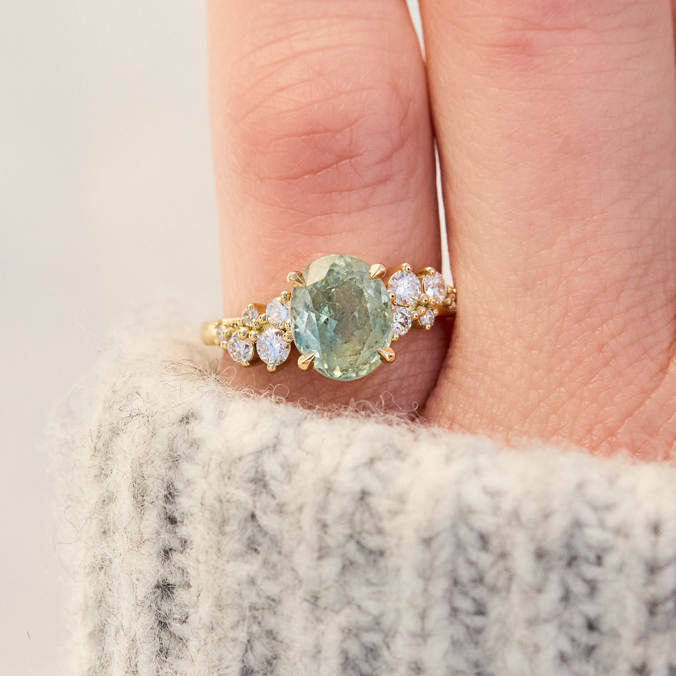 mint green sapphire yellow gold engagement ring