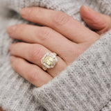 yellow octagonal sapphire custom cut baguette and trapezoid halo lab grown diamond ring