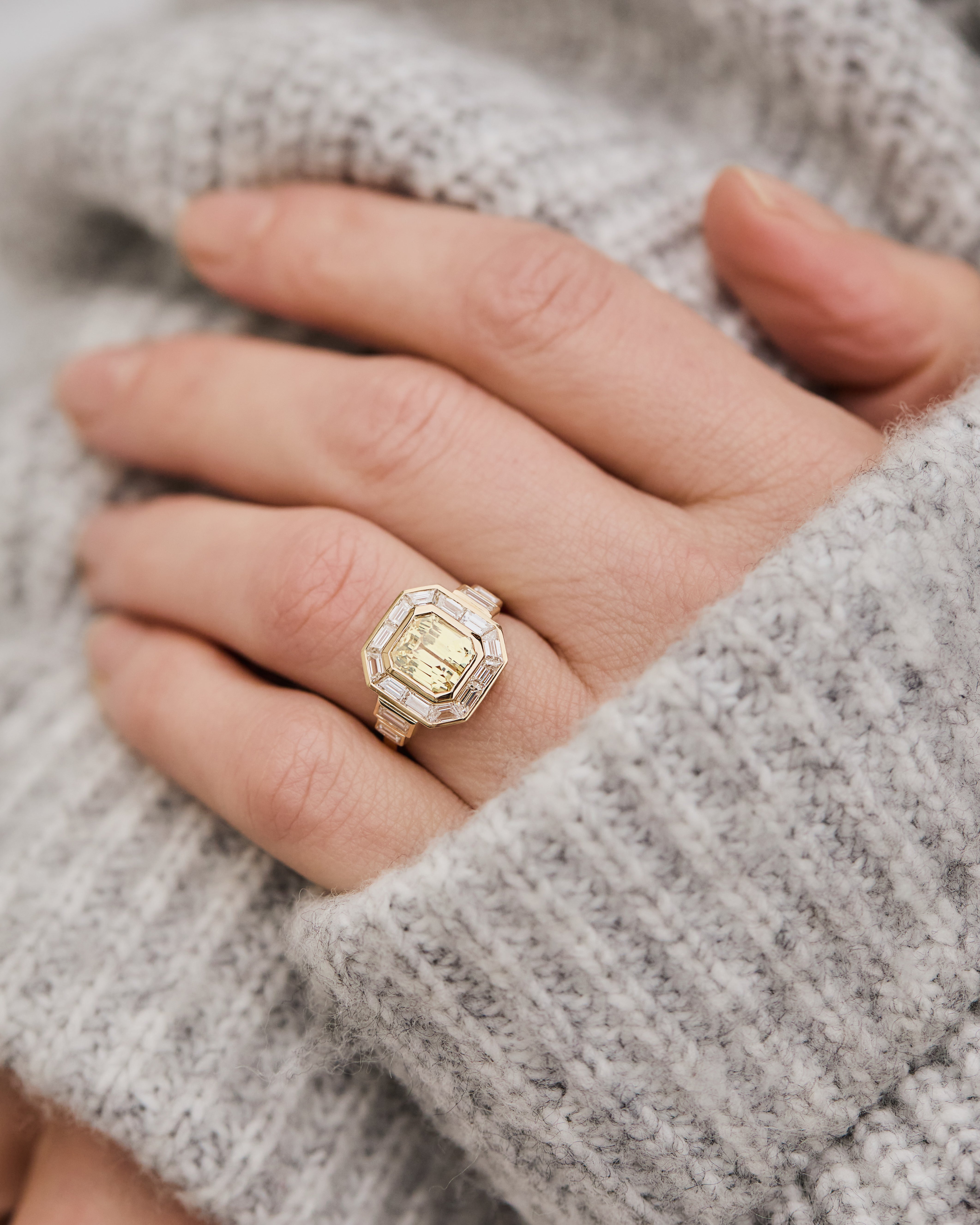 yellow octagonal sapphire custom cut baguette and trapezoid halo lab grown diamond ring