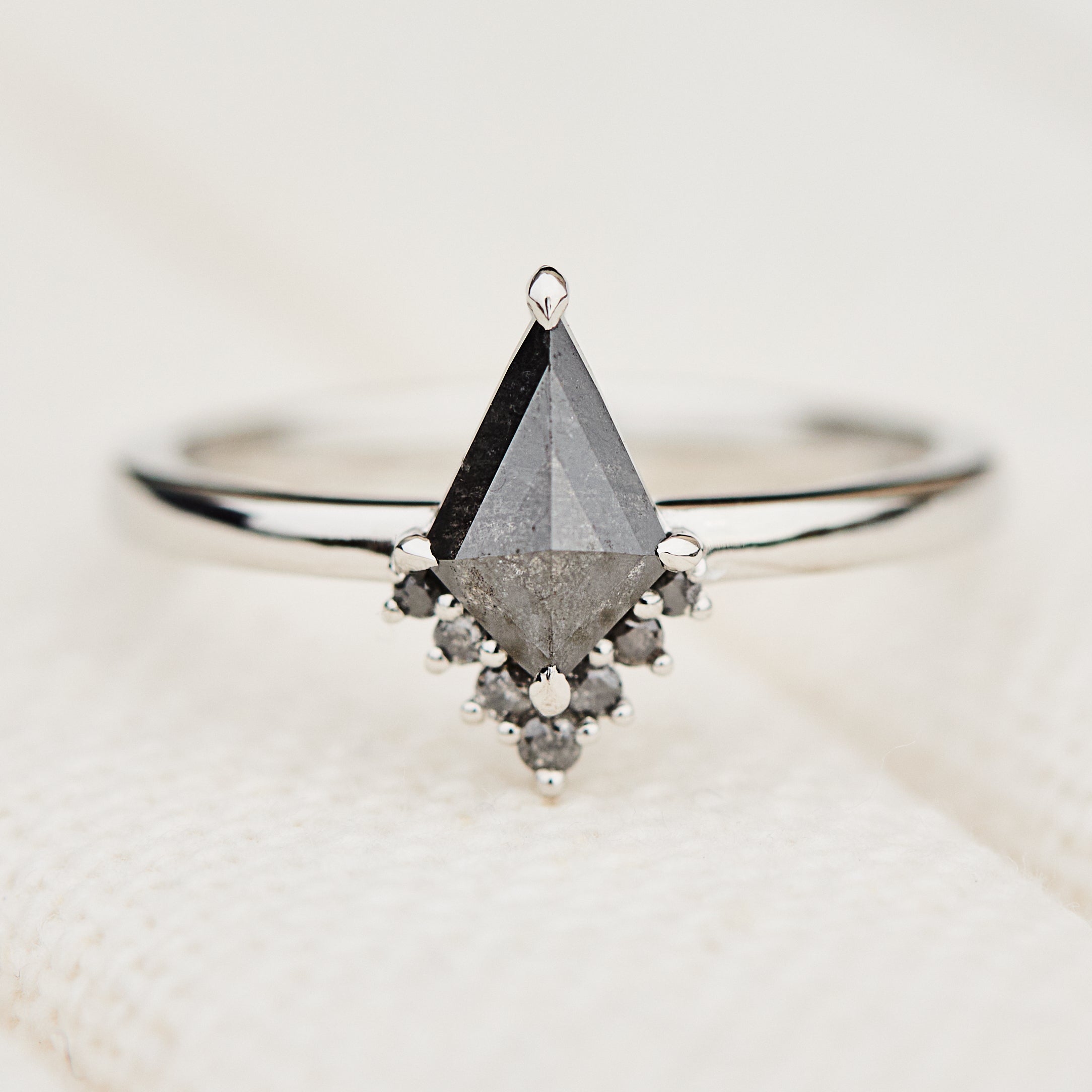 one of a kind kite shape salt and pepper diamond engagement ring in platinum