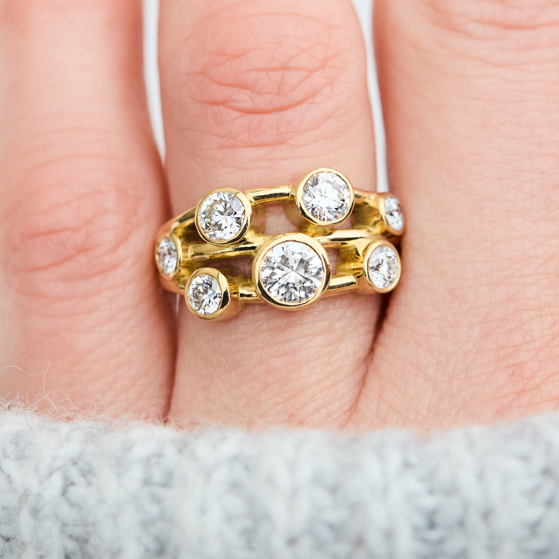 one of a kind seven lab grown diamond yellow gold engagement ring