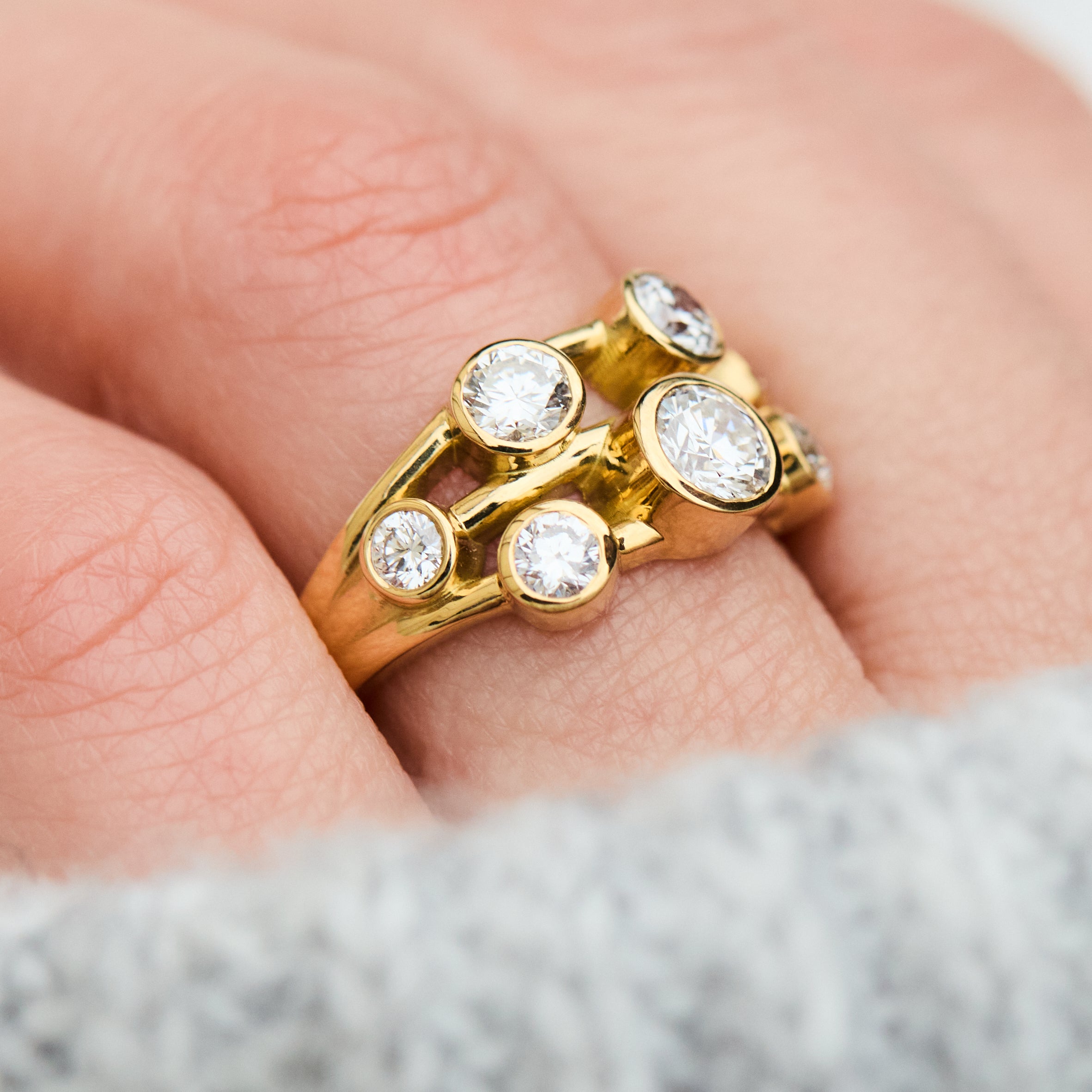 one of a kind seven lab grown diamond yellow gold engagement ring