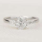 oval lab grown diamond trilogy engagement ring in platinum