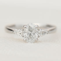 oval lab grown diamond trilogy engagement ring in platinum