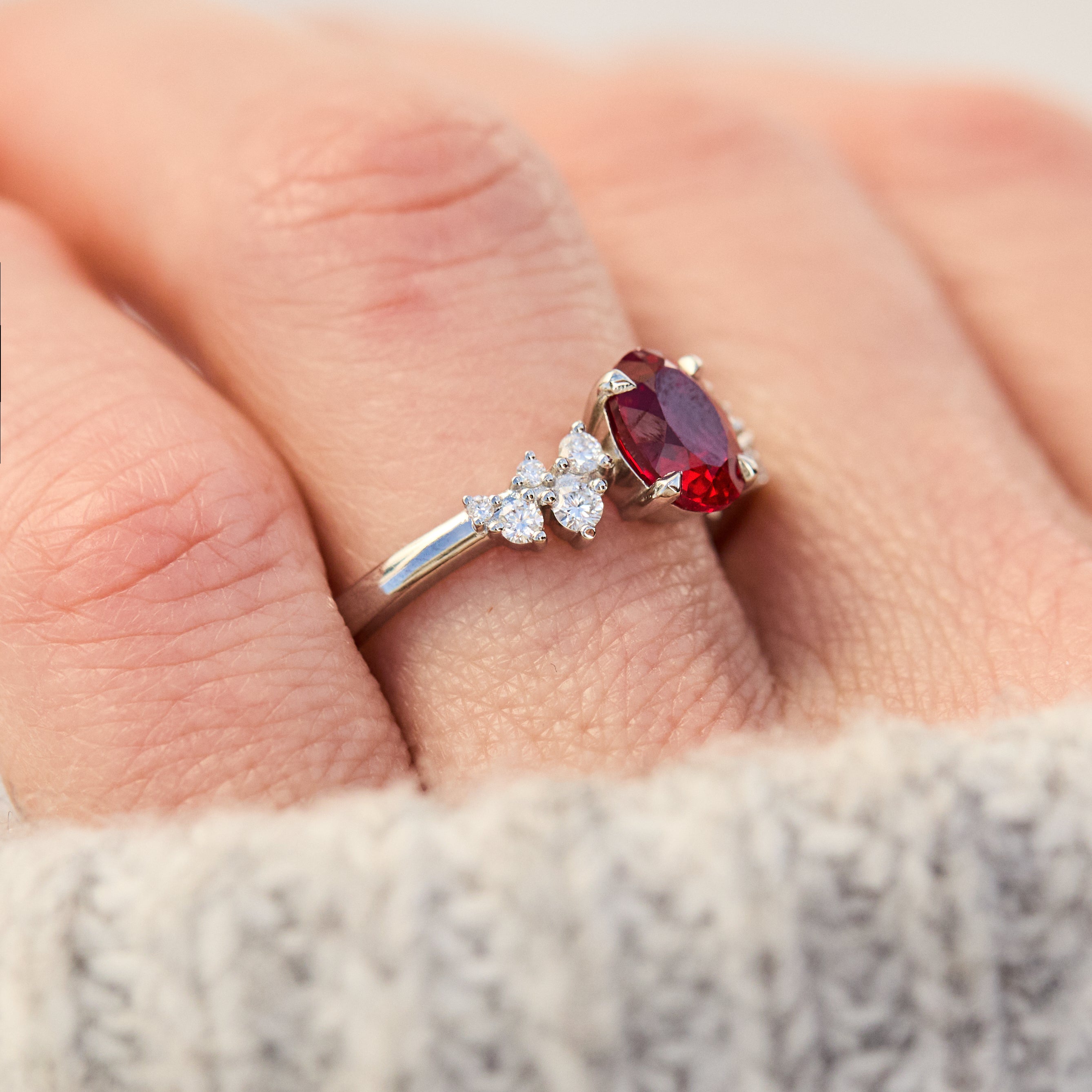 oval lab grown ruby engagement ring in platinum