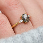 oval rose cut salt and pepper diamond engagement trilogy ring in yellow gold