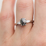 oval rose cut salt and pepper diamond trilogy engagement ring in platinum