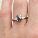oval rose cut salt and pepper diamond trilogy engagement ring in platinum