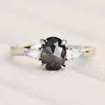 oval rose cut salt and pepper diamond trilogy engagement ring in platinum
