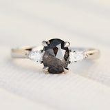 oval rose cut salt and pepper diamond trilogy engagement ring in platinum