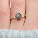 oval rose cut salt and pepper diamond engagement trilogy ring in yellow gold