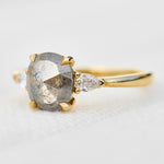 oval rose cut salt and pepper diamond engagement trilogy ring in yellow gold
