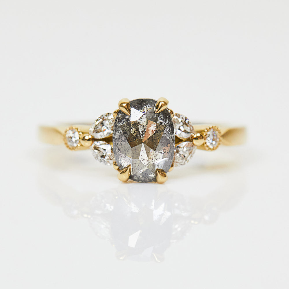 18ct yellow gold salt and pepper oval diamond engagement one-of-a-kind ring