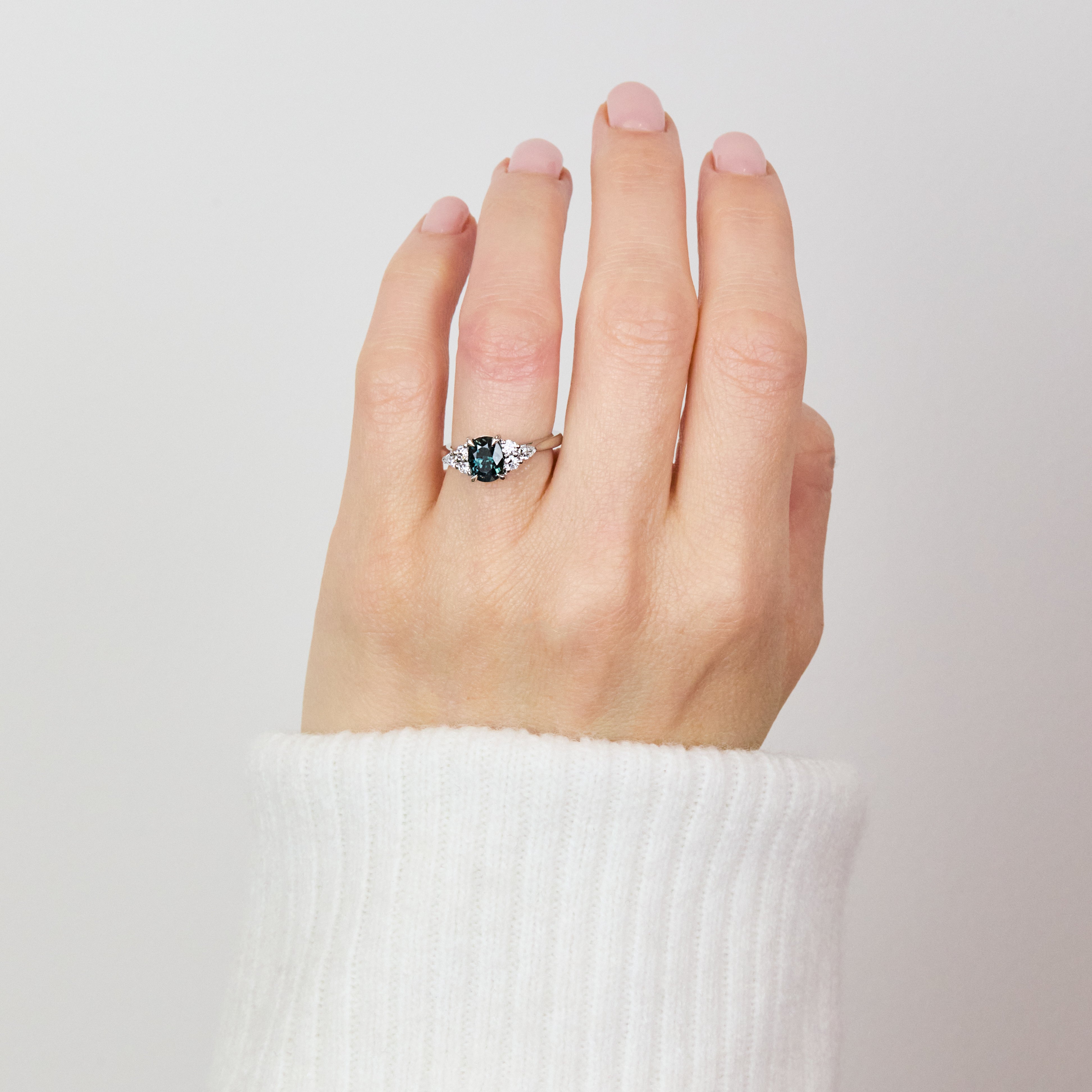 Teal Sapphire Engagement Ring, Iris Setting