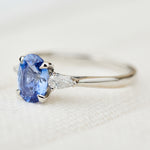 oval sri lankan blue sapphire trilogy platinum engagement ring