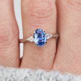 oval sri lankan blue sapphire trilogy platinum engagement ring