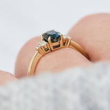 oval teal sapphire yellow gold engagement ring