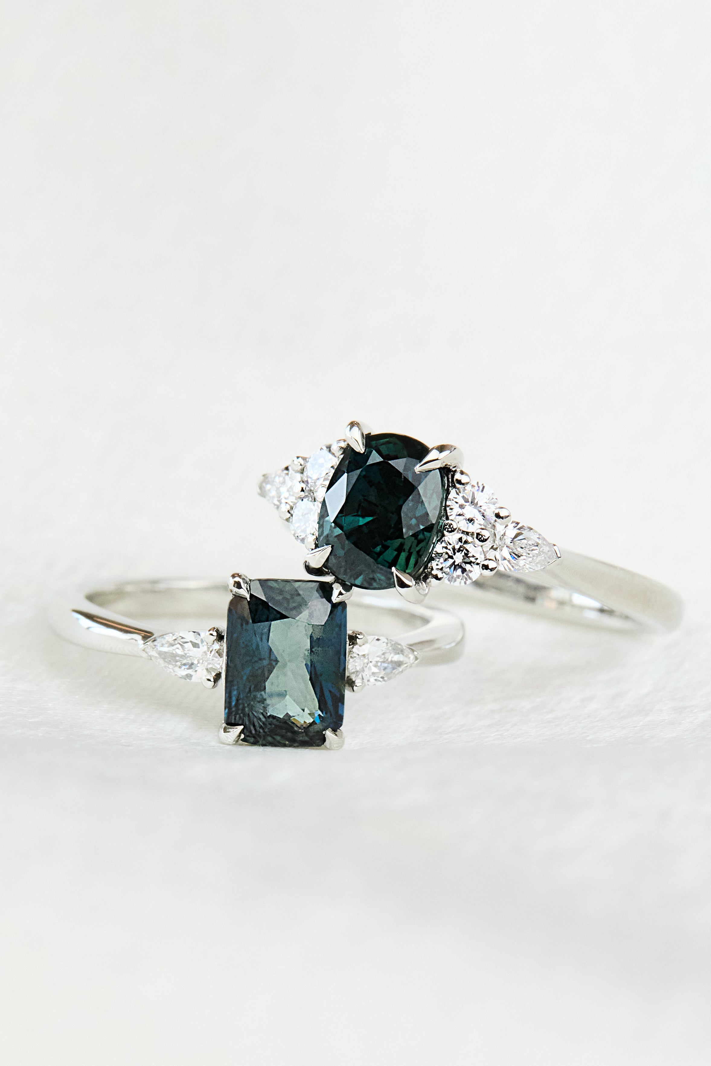 Teal Sapphire Engagement Ring, Iris Setting
