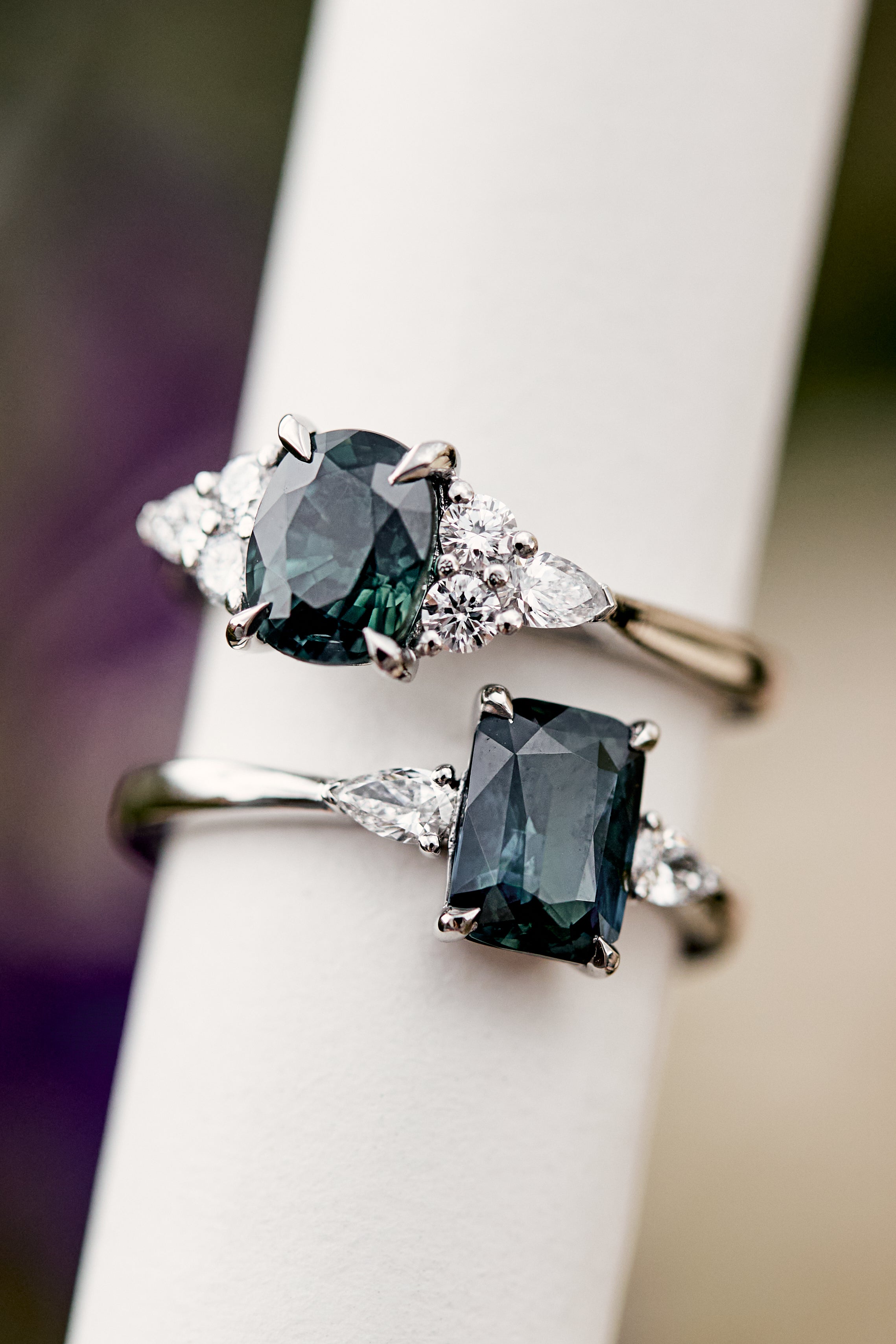 Teal Sapphire Engagement Ring, Iris Setting