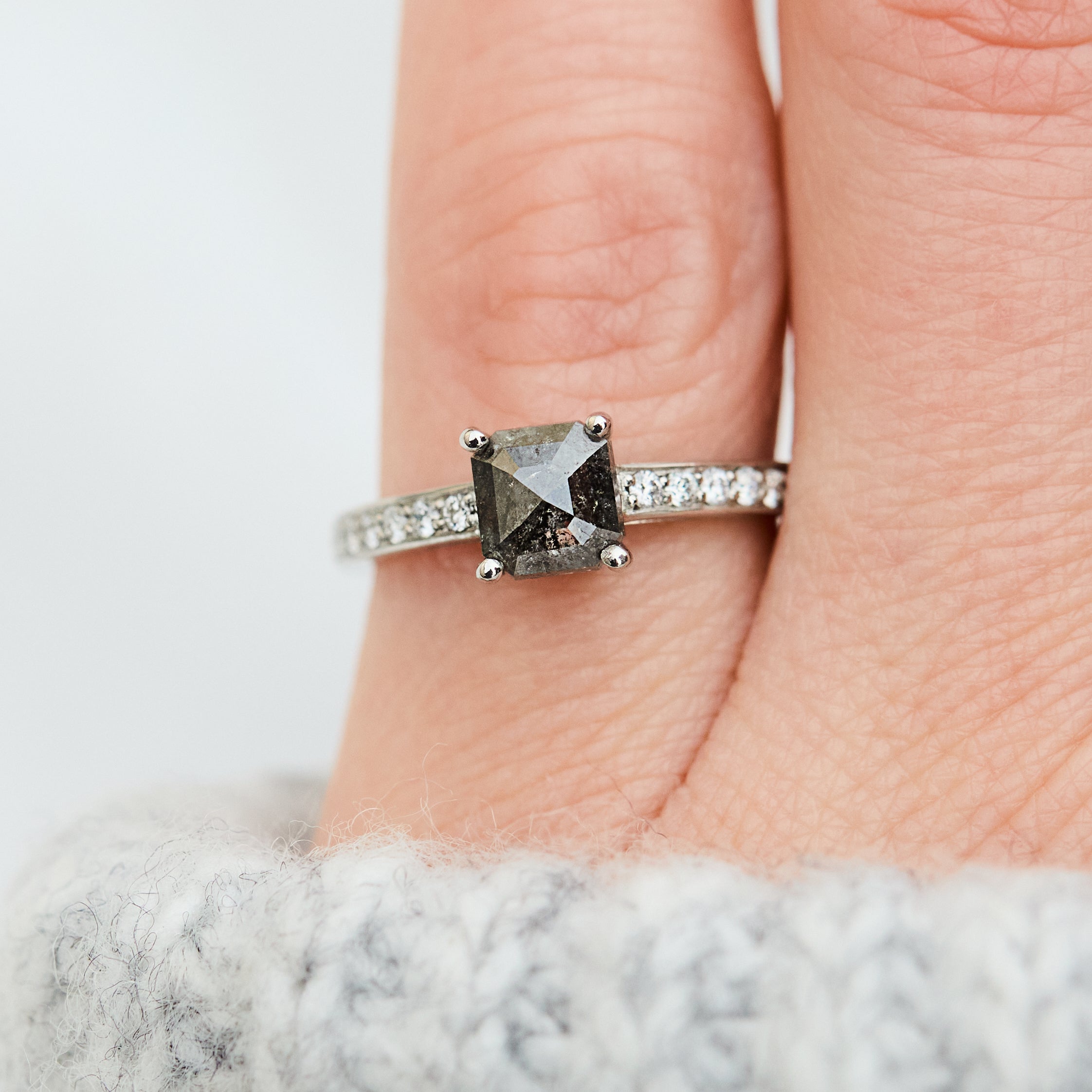 emerald cut salt and pepper diamond platinum engagement ring
