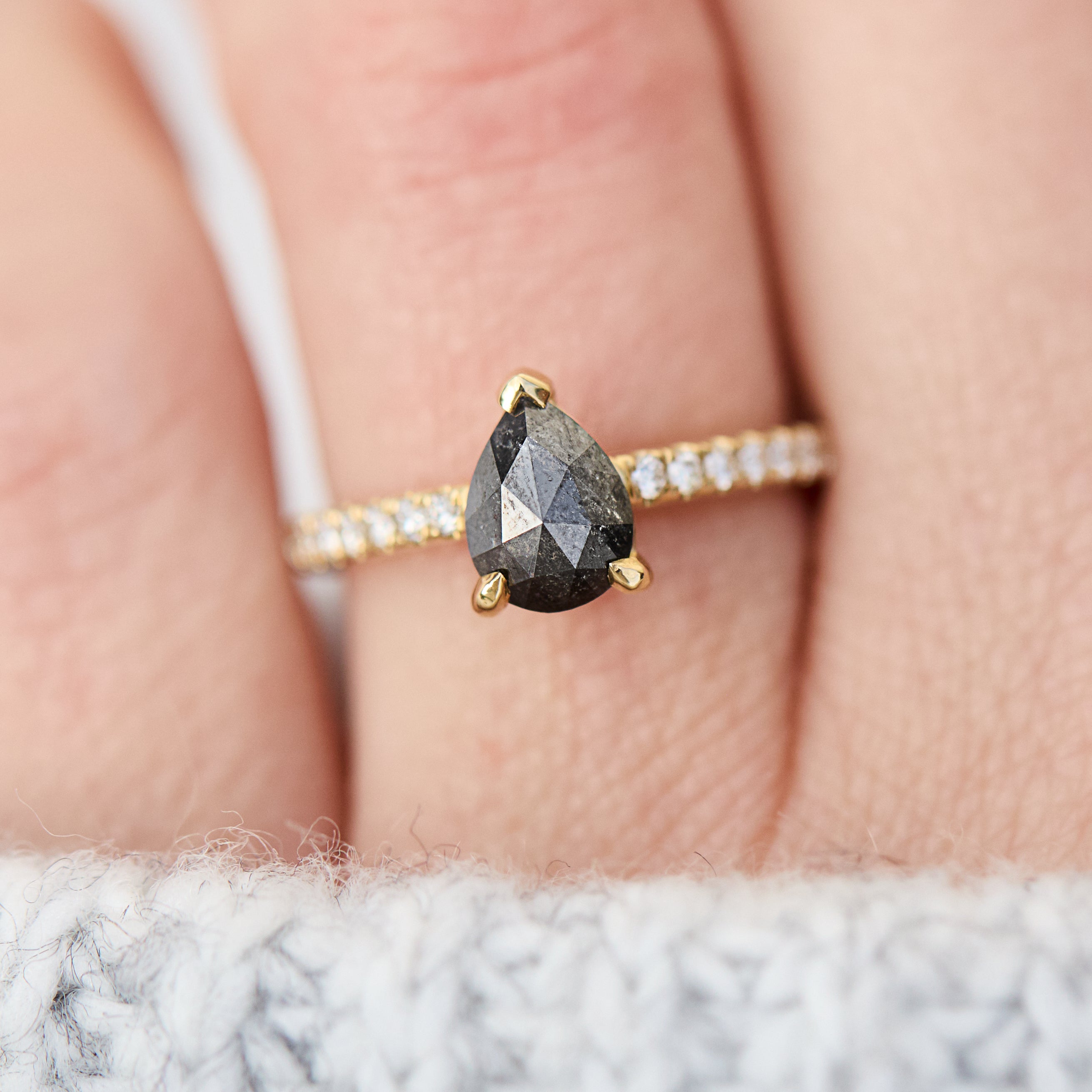 18ct yellow gold salt and pepper pear diamond engagement pavé ring