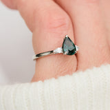 pear shape green teal sapphire trilogy engagement ring in platinum