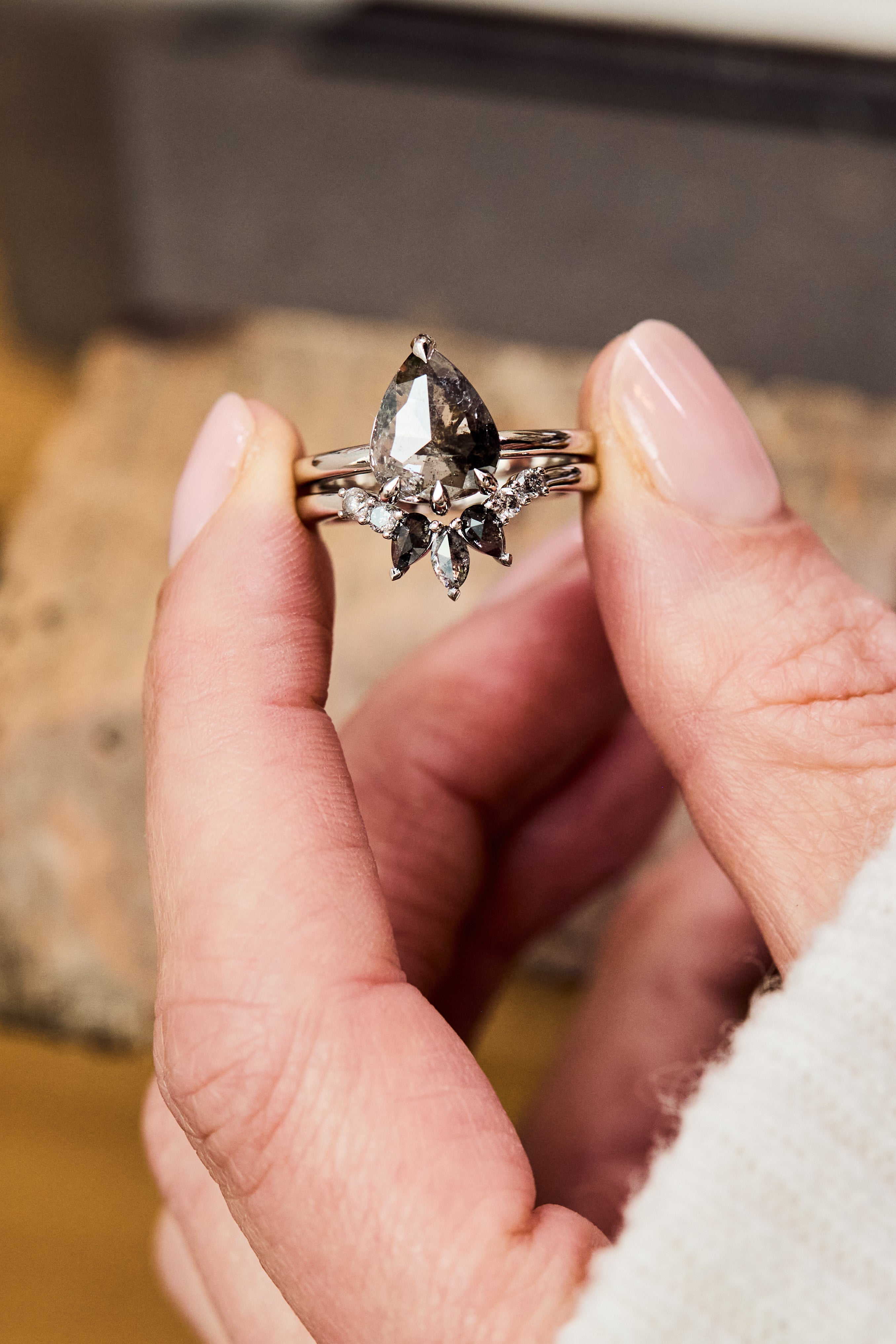 Pear Rose Cut Dark Salt and Pepper Diamond Solitaire Engagement Ring