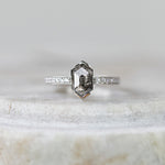 Platinum salt and pepper hexagon diamond engagement pavé ring