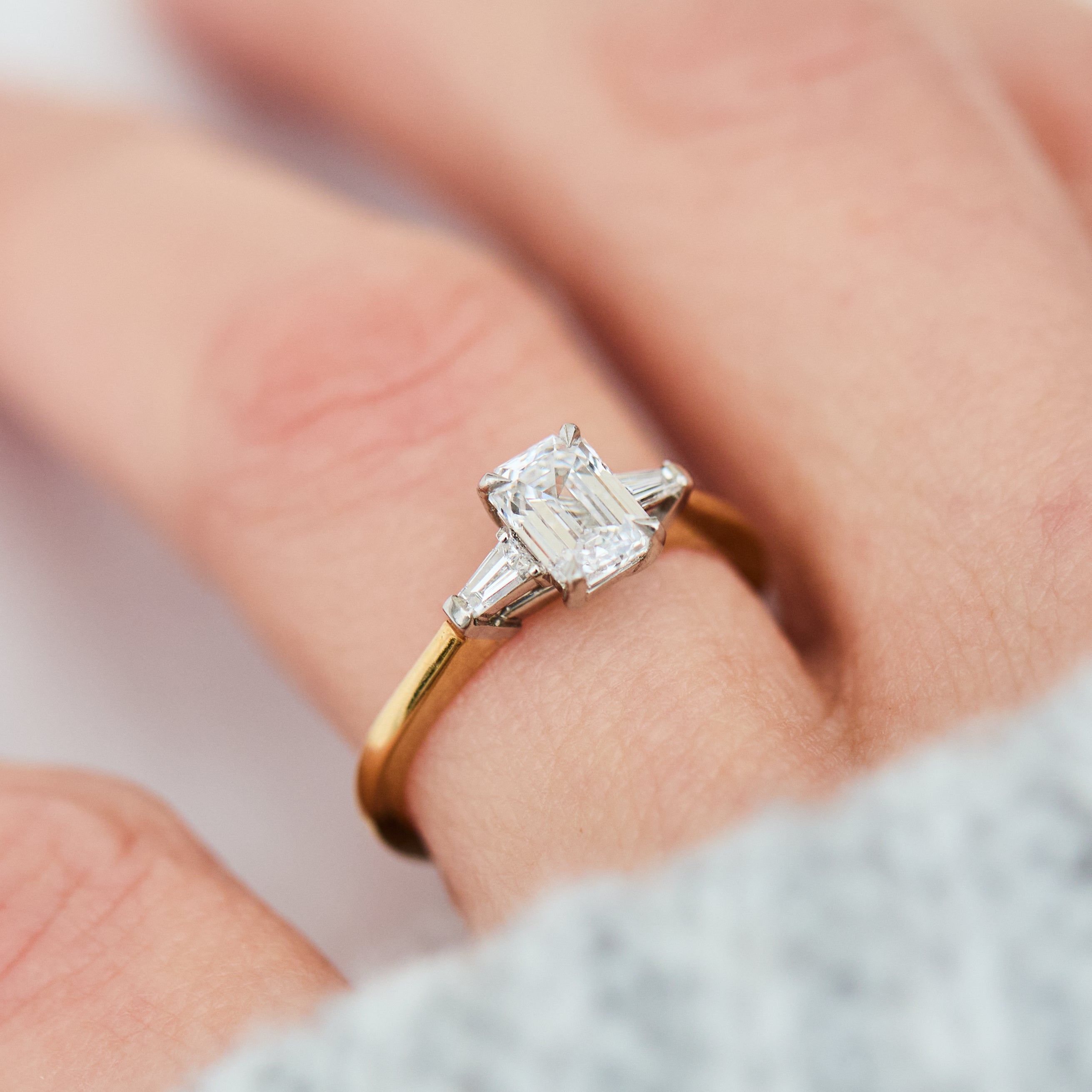 18ct yellow gold emerald cut trilogy lab grown diamond ring UK