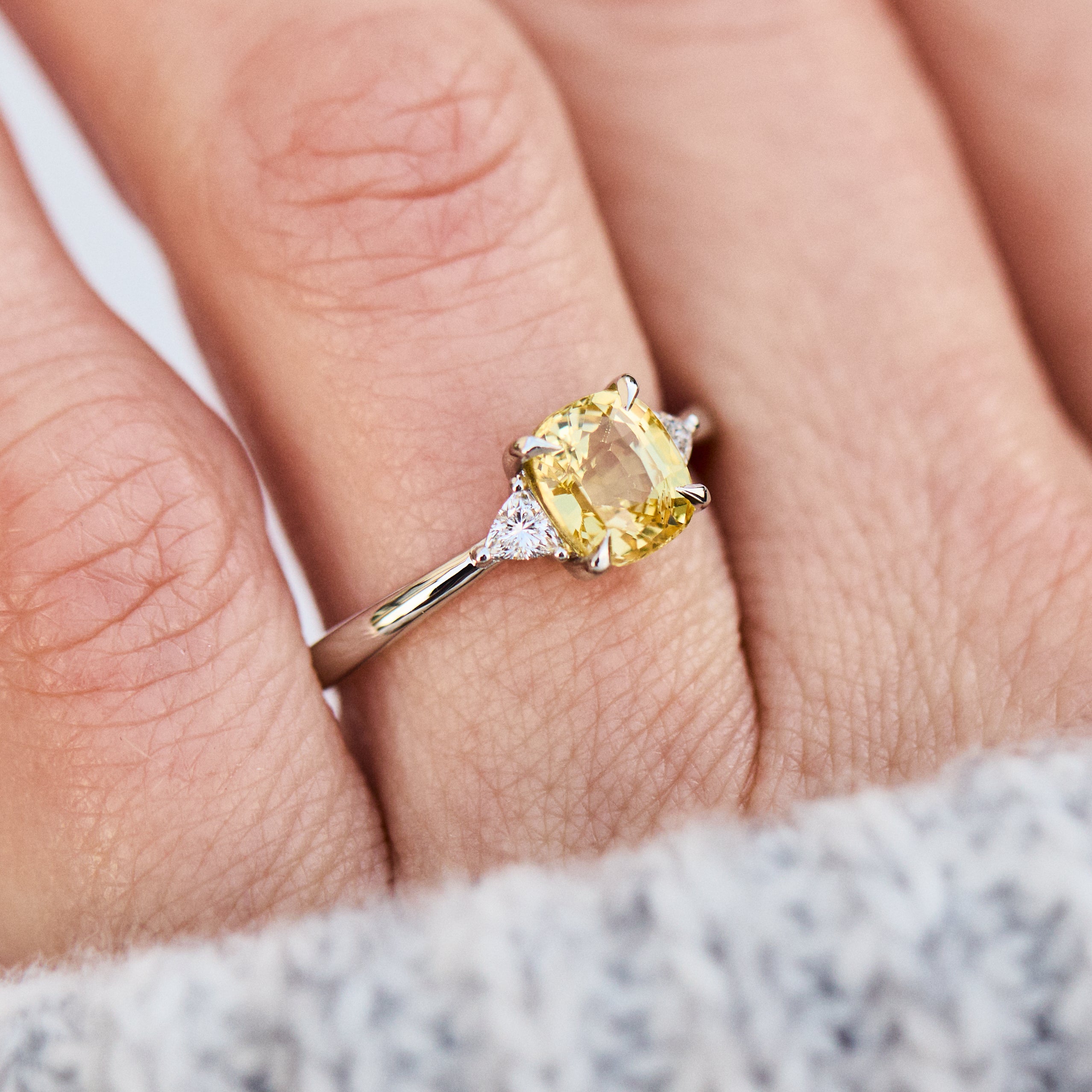 platinum cushion cut yellow sapphire timeless engagement ring