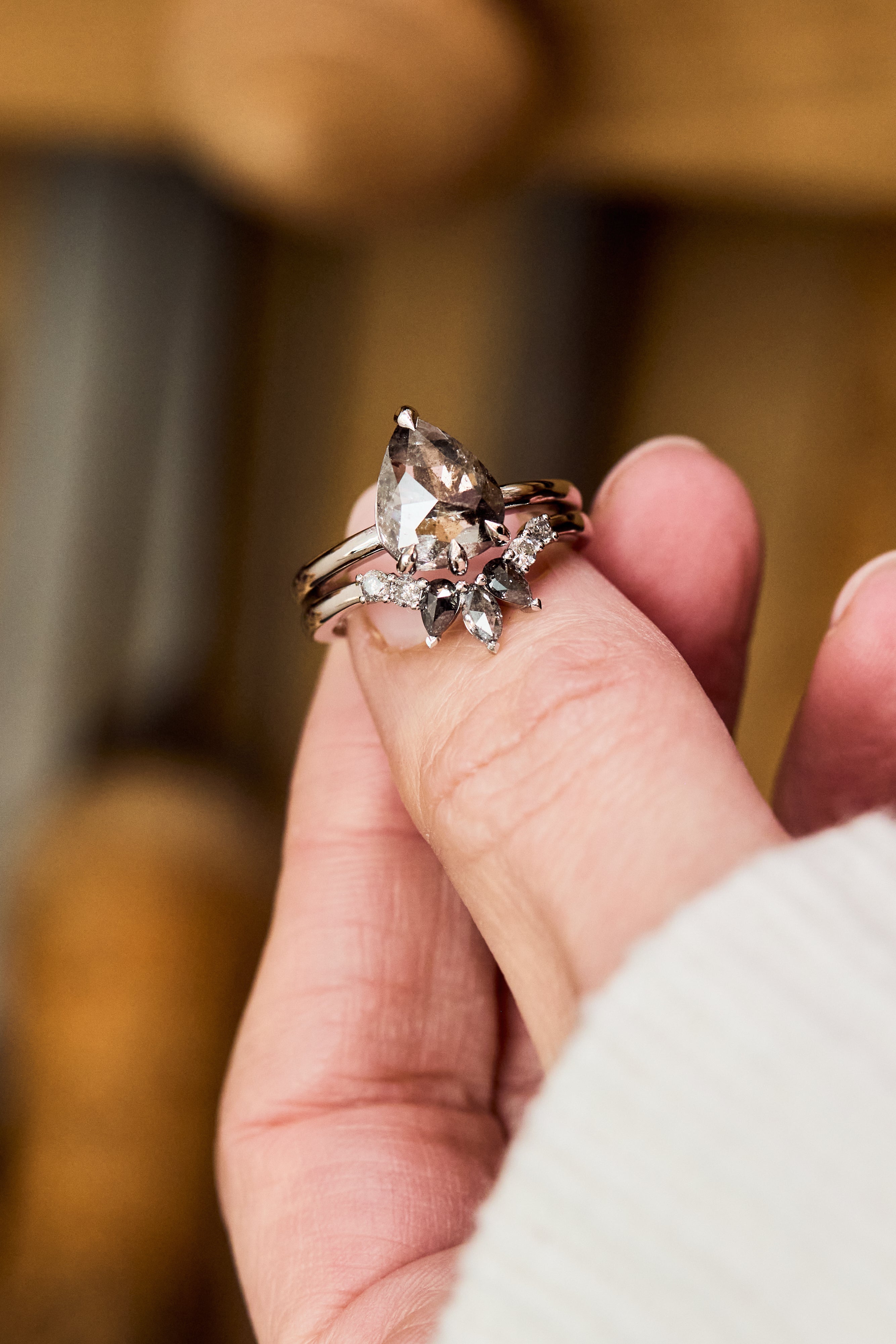 Pear Rose Cut Dark Salt and Pepper Diamond Solitaire Engagement Ring