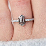 Platinum salt and pepper hexagon diamond engagement pavé ring