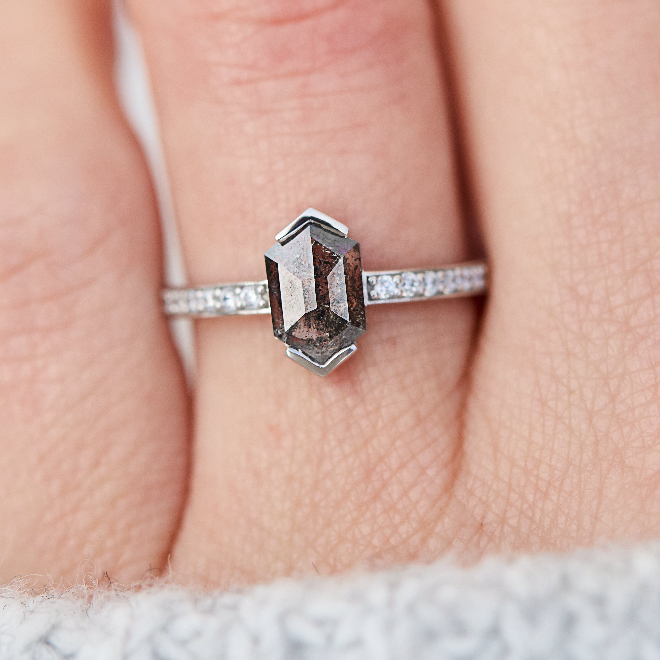 Platinum salt and pepper hexagon diamond engagement pavé ring