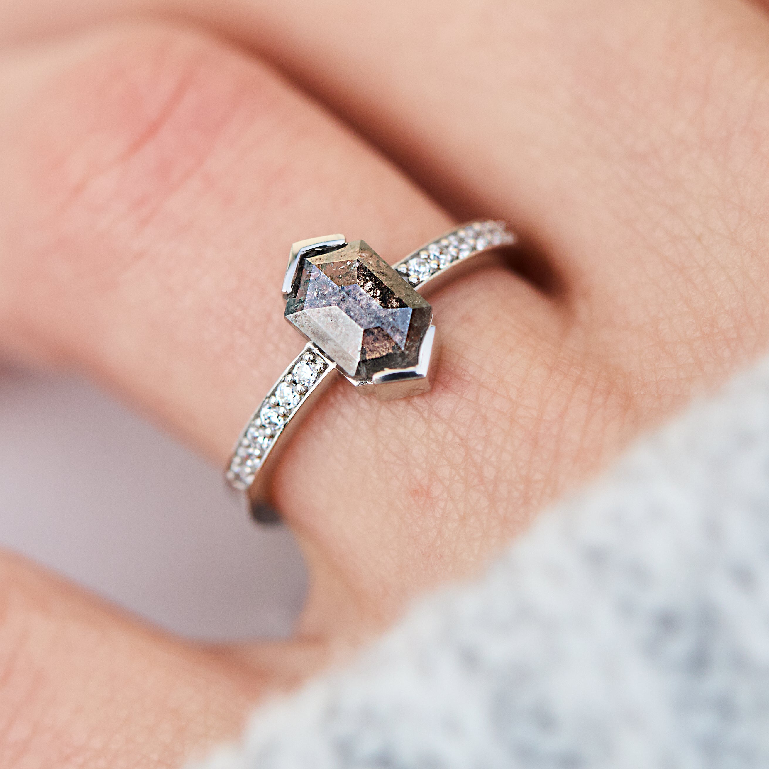 Platinum salt and pepper hexagon diamond engagement pavé ring