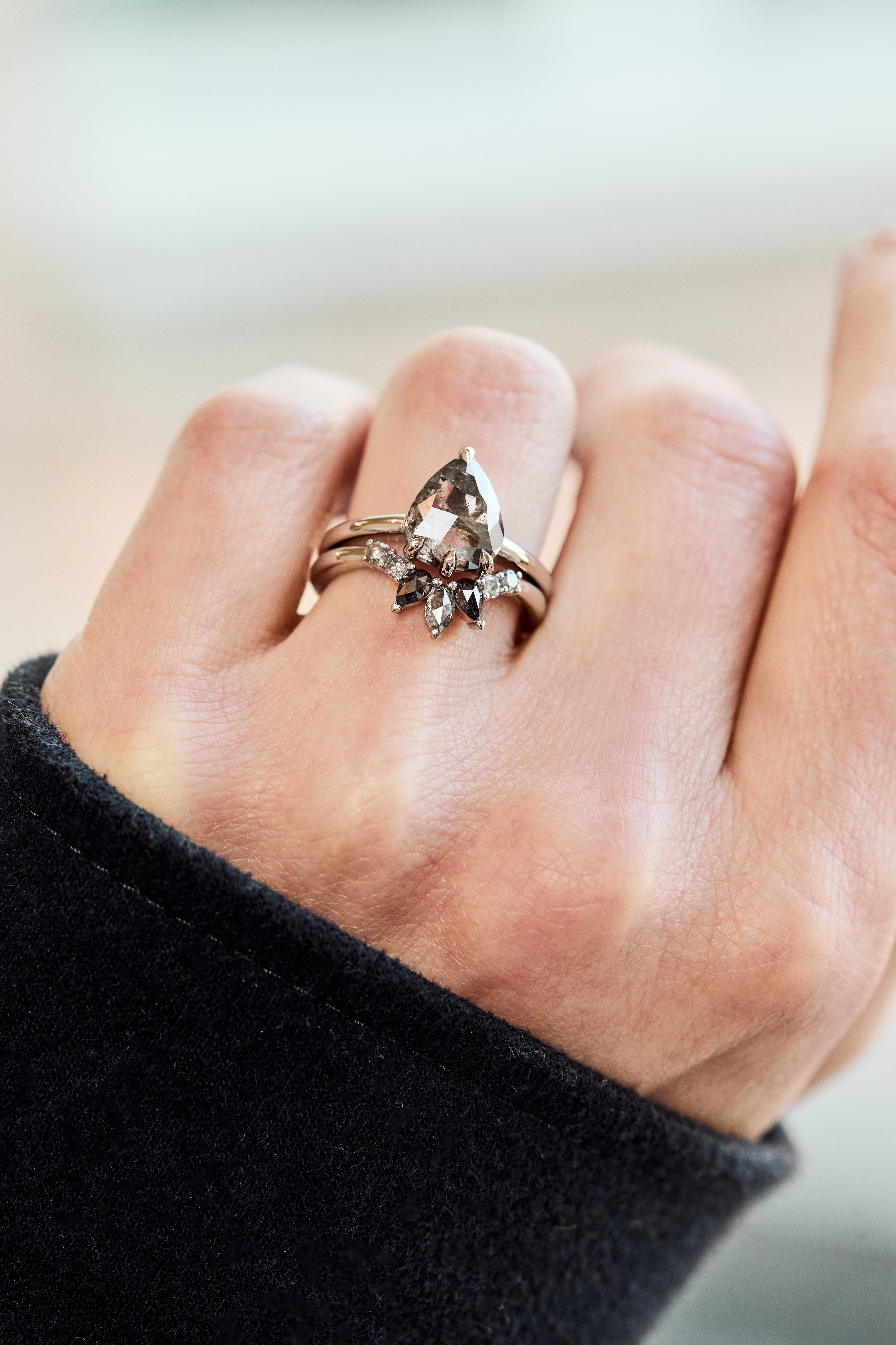 Pear Rose Cut Dark Salt and Pepper Diamond Solitaire Engagement Ring