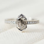 Platinum salt and pepper hexagon diamond engagement pavé ring